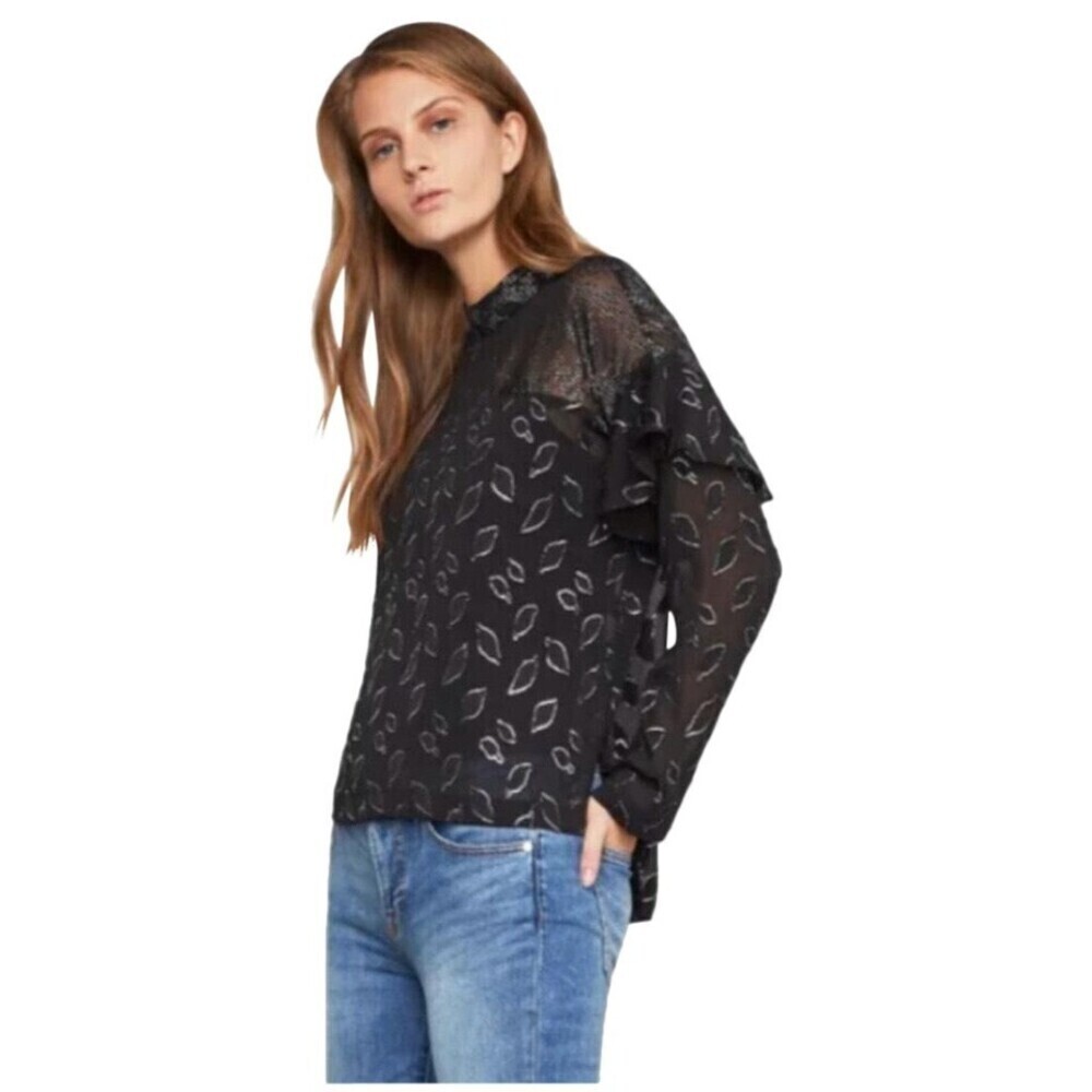BCBGMAXAZRIA Sheer Chiffon Metallic Top In Black Combo Size L $277